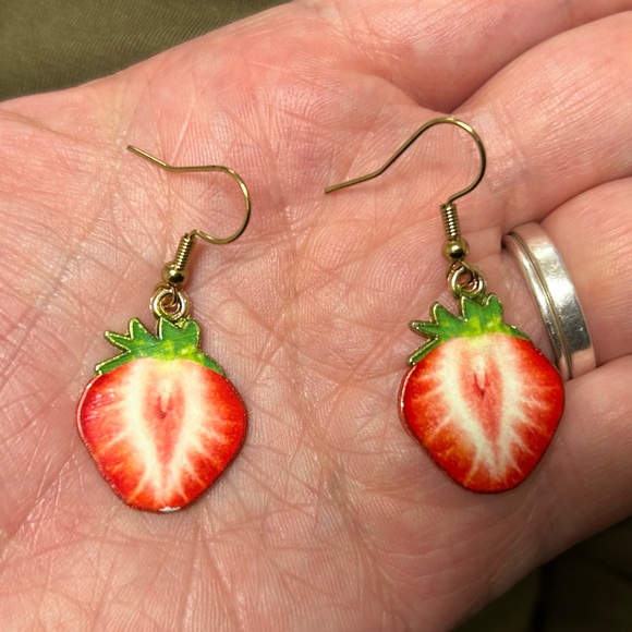 Handmade Enamel Strawberry Earrings - 1” Drop - New - Picture 2 of 2